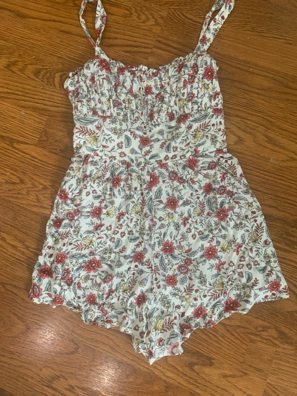Altar’d State Floral Smocked Strap Kids One-Piece Romper in Cream and Red
